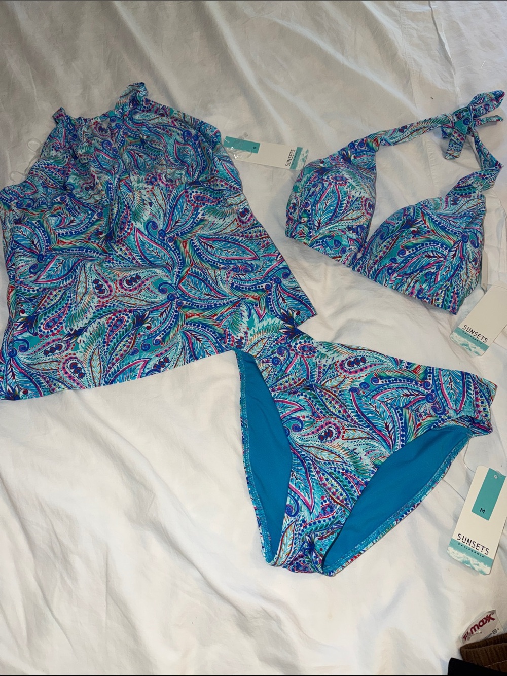 Sunsets Shore Bird Paisley Tankini Bikini Set Blue Pink 3 piece NWT Small Medium